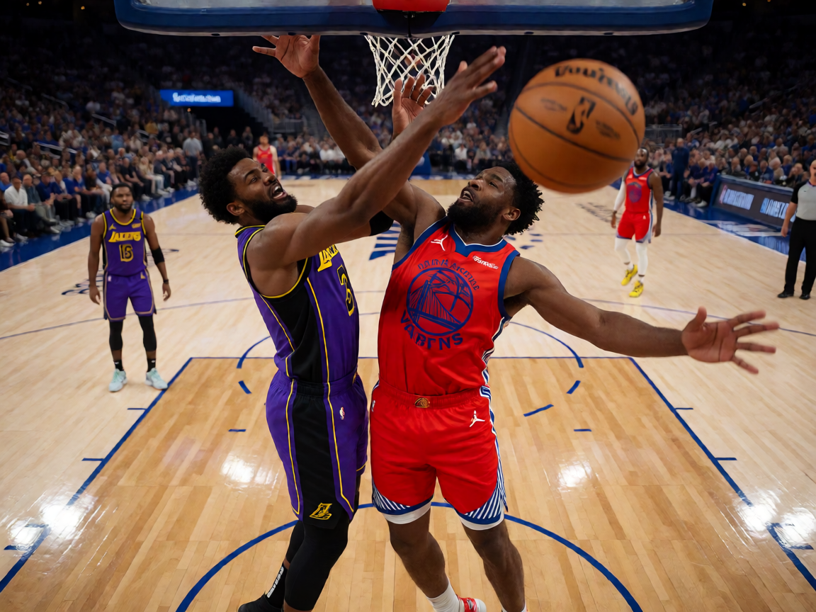 NBA篮球比赛现场，球员在篮下激烈对抗争夺篮板球