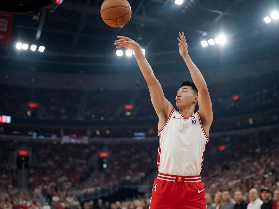 NBA比赛中球员跳投的瞬间，篮球在空中划出优美弧线